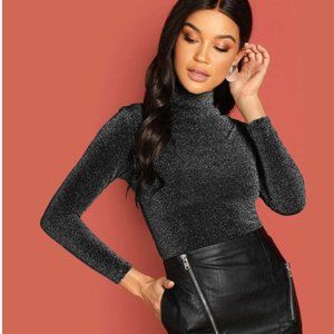 High Neck Fitted Semi Sheer Glitter Top
